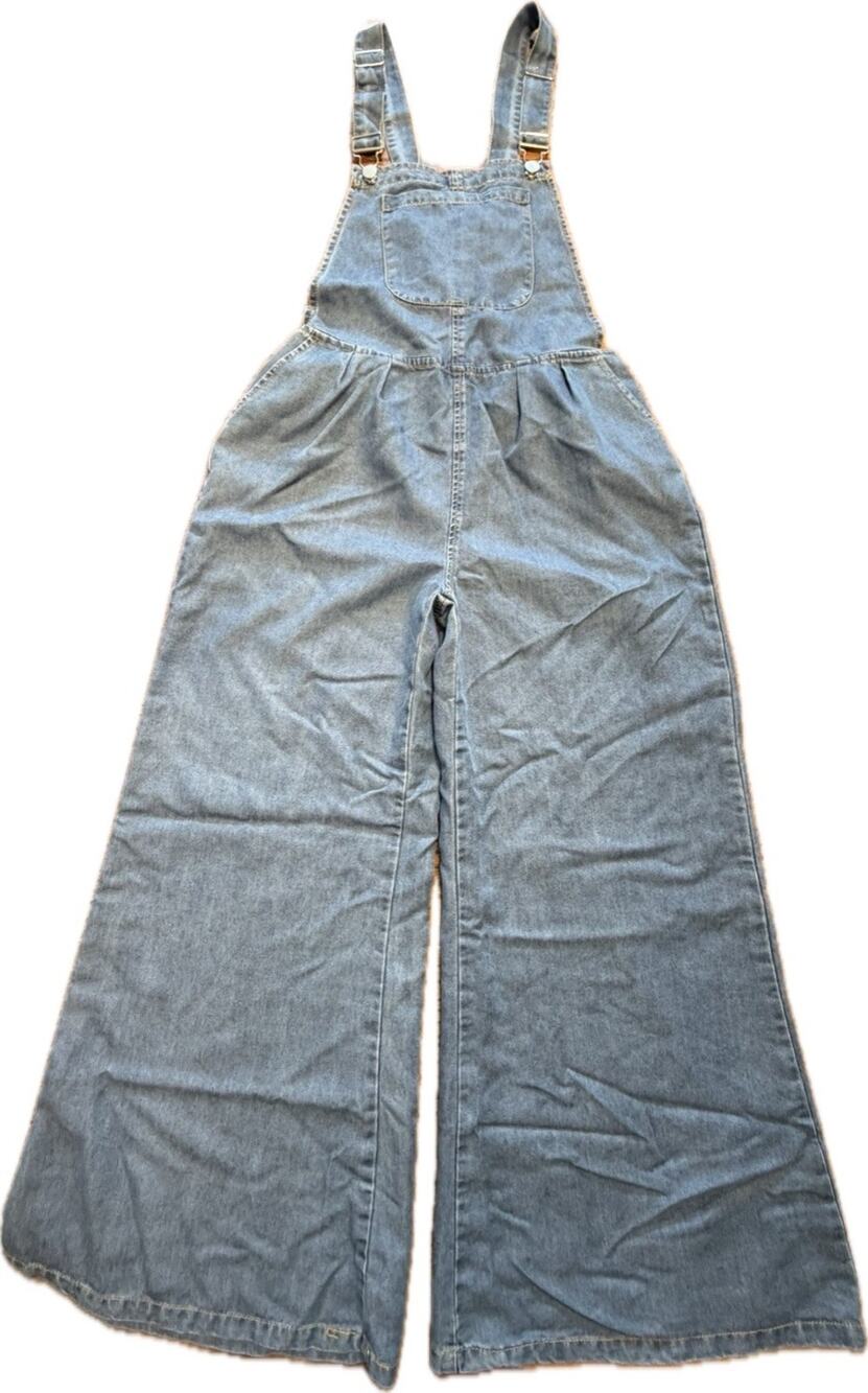 Blue Denim Wide Leg Overalls Medium Wash Bib Jumpsuit Size Medium